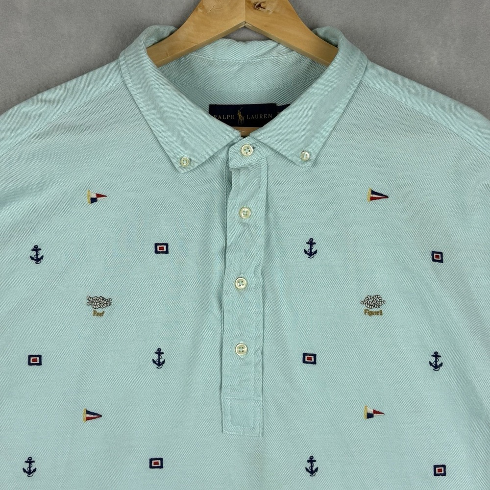 Ralph Lauren Oxford Knit Shirt Men’s 2XB Blue Nautical Embroidered Short Sleeve